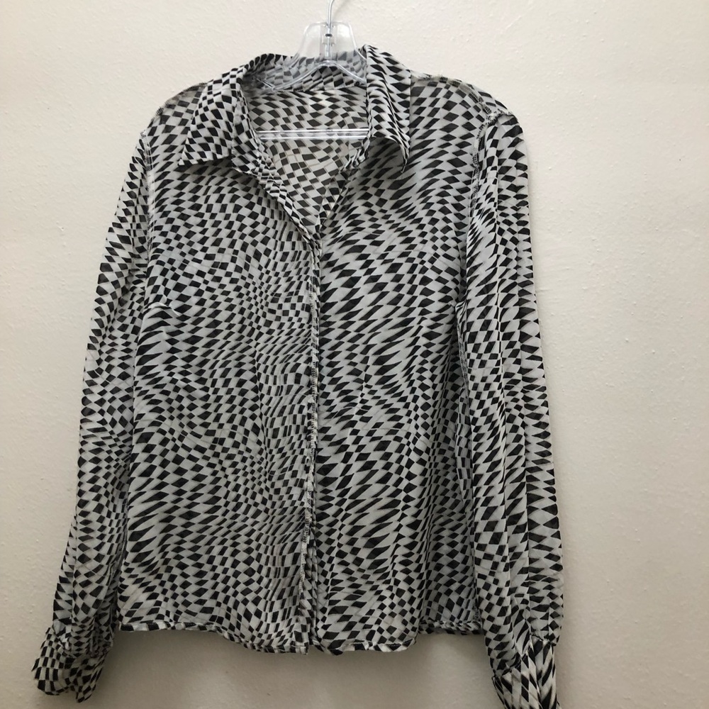Hennes W Size 12 Black/White Long Sleeve Geometric Collared Button Down Shirt - Picture 3 of 7